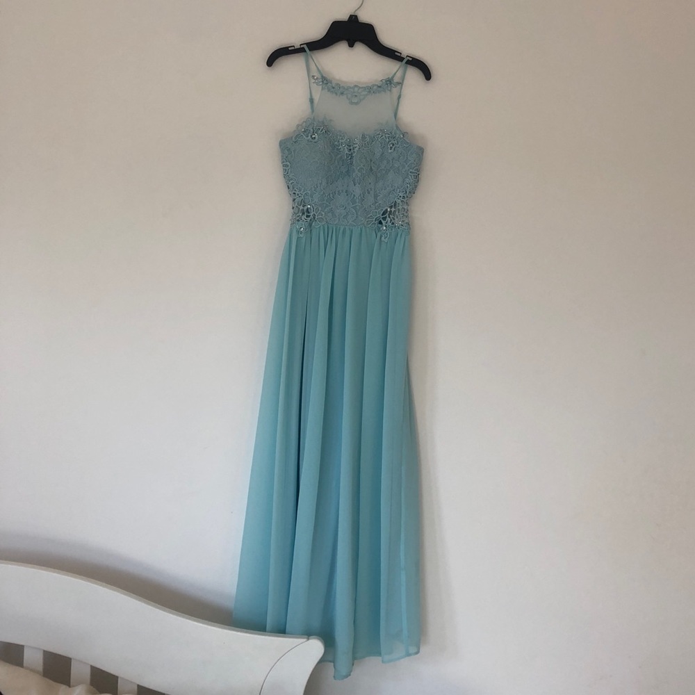 Jodi Kristopher crochet side inset long dress blue